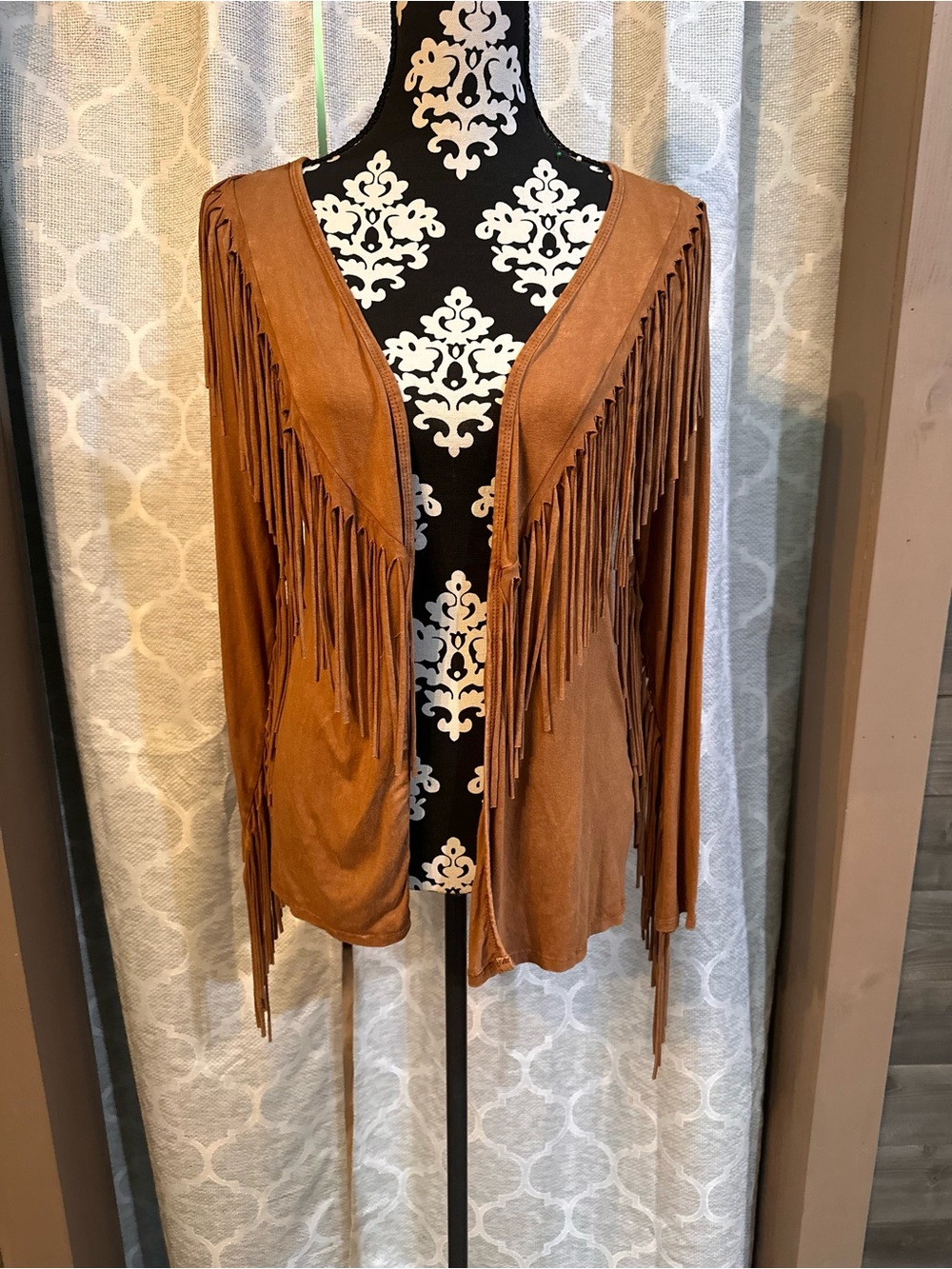 Women’s T Party Fashion Camel Fringe Open-Front Jacket size small